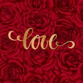Love. Hand Drawn Brush Pen Lettering On Background Flower Red Rose. Design Holiday Greeting Card And Invitation Of Wedding, Happy