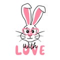 With love. Hand drawn cute rabbit with heart shaped glasses