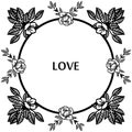 Love hand drawn lettering text in various shape frame, with rose flower. Vector Royalty Free Stock Photo