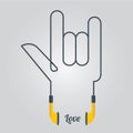 Love Hand and Music with Earphones in Flat Design, Vector,