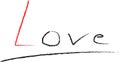 Love, hand written word with little red heart. Handwritten charcoal lettering calligraphy. Red and black letters. Isolated on whit