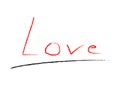 Love, hand written word with little red heart. Handwritten charcoal lettering calligraphy. Red and black letters. Isolated on whit