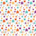 Love. Handmade letters and geometric angular elements seamless pattern