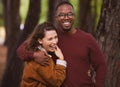 Love, happiness and portrait of couple in outdoor for camping in wilderness on anniversary date in Norway, countryside Royalty Free Stock Photo