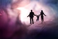 Love and Happy Family. Exploration for Children and Parent. Miniature of Father, Mother and Son holding Hands and Walking on a Royalty Free Stock Photo