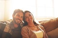 Love, happy and portrait of couple on sofa for bonding, loving relationship and relax together in home. Marriage Royalty Free Stock Photo