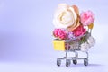 Love and happy Valentines day roses colorful in shopping cart