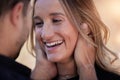 Love, happy and woman looking at her boyfriend while on romantic date for valentines day. Happiness, smile and man Royalty Free Stock Photo