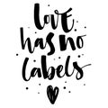 Love has no Labels. Gay Pride isolated simple black calligraphy phrase with hearts and dots decor.