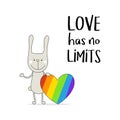 Love has no limits with happy bunny and with LGBT heart. Gay pride. Pride Month. Love, freedom, support, peace symbol