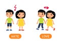 LOVE and HATE antonyms flashcard vector template. Opposites concept.