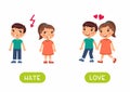 Love and hate antonyms flashcard vector template. Word card for english language learning with flat characters.