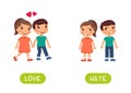 LOVE and HATE antonyms word card vector template. Flashcard for english language learning.