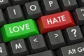 Love and hate concept on the black keyboard, 3D rendering Royalty Free Stock Photo