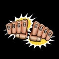 Love and hate fists with tattoo isolated on black background. Fight for love concept illustration with fist punch Royalty Free Stock Photo