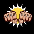 Love and hate fists with tattoo isolated on black background. Fight for love concept illustration with fist punch Royalty Free Stock Photo