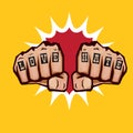 love and hate fists with tattoo isolated on orange background. Fight for love concept illustration with fist punch. love