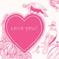 Love Heart Card with Birds and Flowers. Vector illustration Royalty Free Stock Photo