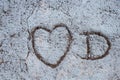 Love heart, carved in a concrete stone. filled with brown needles, and a capital letter D