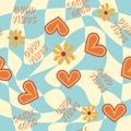 Love heart, daisies, waves of positivity retro 70s seamless pattern. Yellow, orange, red scattered heart shapes on a Royalty Free Stock Photo