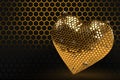 A love heart hive with bee on honey comb for Valentine\'s Day on magic hhiny hexagonal gold background