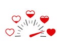 Love heart indicator.Full heart of love with speedometer icon. Love meter of Valentine`s day in flat style.Measuring indicator of