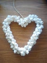 Love heart made from sea shells on timber top in white