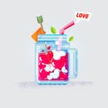 Love heart in mason jar. love and juice concept. Congratulation