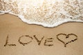 Love and heart on the sand beach near sea - conceptual image Royalty Free Stock Photo