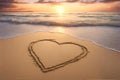 Love: heart on the sand on a beach, tropical ocean sunset. Royalty Free Stock Photo