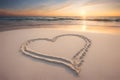 Love: heart on the sand on a beach, tropical ocean sunset. Royalty Free Stock Photo