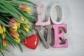 Love with heart and tulips, for Valentine`s Day, birthday, card Royalty Free Stock Photo