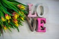 Love with heart and tulips, for Valentine`s Day, birthday, card Royalty Free Stock Photo