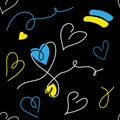 Love, heart vector pattern with hearts in Ukrainian colors blue and yellow on black background . One continuous line art