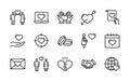 Love heart wedding ring hand couple proposal romantic vector linear icons set. Contains icons romantic letter happy