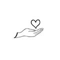 Love heart in your hand. Health care concept. Doodle line drawn