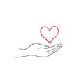 Love heart in your hand. Health care concept. Doodle line drawn