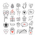 Love and hearts. Hand drawn set of cute doodle elements. Sketch collection for wedding or Valentine`s Day design