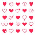 Love hearts icon. Abstract red loving heart symbols for valentines day, outline lovely red heart elements and love