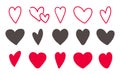 Love hearts icon set. Hand drawn lovely red and outline sketch. Vector heart shapes Royalty Free Stock Photo