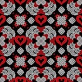 Love hearts romantic vector seamless pattern. Black white red ornamental greek style background. Modern patterned repeat Royalty Free Stock Photo