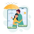 Love, help and support from friend online, man and woman hugging from phone screens