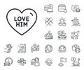 Love him line icon. Sweet heart sign. Valentine day. Plane jet, travel map and baggage claim. Vector