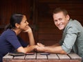 Love, holding hands and couple at a cafe with support, care and trust while bonding outdoor together. Marriage, romance Royalty Free Stock Photo