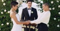 Love, holding hands and gay with lesbian couple at wedding for celebration, lgbtq and pride. Smile, spring and happiness