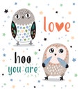Cute romantic card with cartoon owls. Love hoo you are Royalty Free Stock Photo