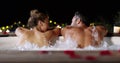 Love, hot tub and back of couple relax, talk and together for Valetines Day date, honeymoon and enjoy city view