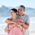 Love, hug and mature couple outdoor with a smile, care and happiness together in nature. A happy man and woman for Royalty Free Stock Photo