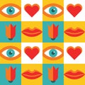 Love human geometric backgrround concept design. Seamless pattern with eyes, lips, hearts, tulip flowers. Contemporary art. Modern