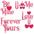 Valentine wordart stickers. Be mine & love you labels. Forever yours wordart. You & me label. Valentine\'s Day set of 4 wordart te